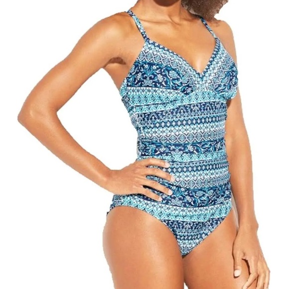 Kona Sol Shirred Adjustable Tie One Piece Swimsuit in Blue Size XL EUC - Picture 2 of 8